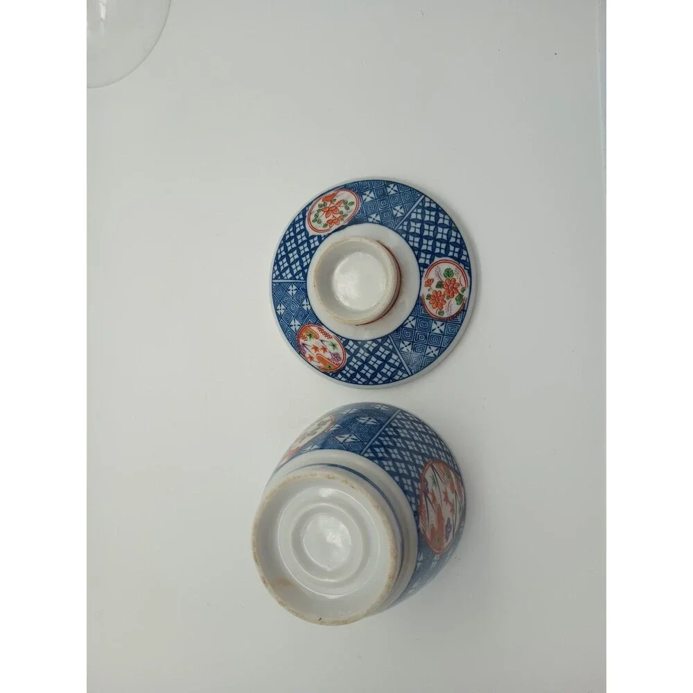 Vtg Imari Teacup With Lid Blue White Red Floral